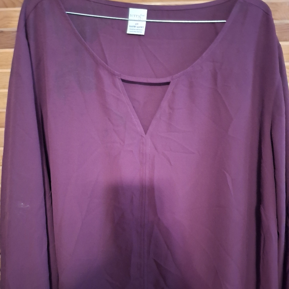 Purple Long Sleeve Blouse with Keyhole Neckline